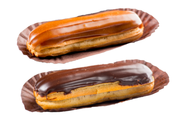 Eclairs cakes with chocolate cream and caramel
