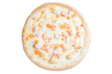 Salmon pizza with white white cream sauce and melted cheese. View from above