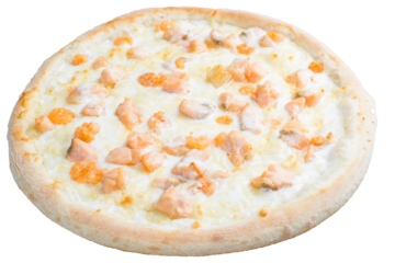 Salmon pizza with white white cream sauce and melted cheese. 