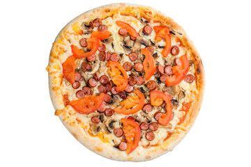 Pizza with ham, mushrooms, tomatoes and bell peppers. View from above