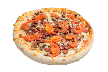 Pizza with ham, mushrooms, tomatoes and bell peppers. 