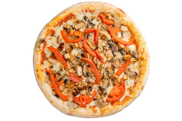 Pizza with ham, mushrooms, tomatoes and bell peppers. View from above