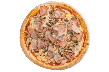 Pizza with ham, mushrooms. View from above