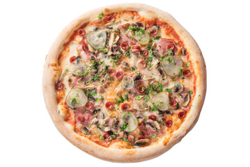 Pizza with salami, ham, sausage, mushrooms, pickled cucumbers and tomato sauce. View from above