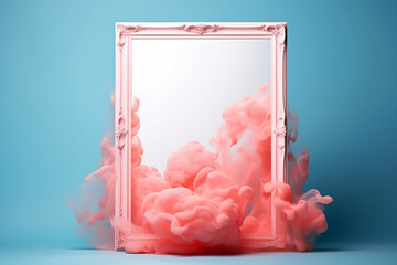 Vintage frame on pastel background with abstract pink cloud and water shapes. Copy space. Generative Ai