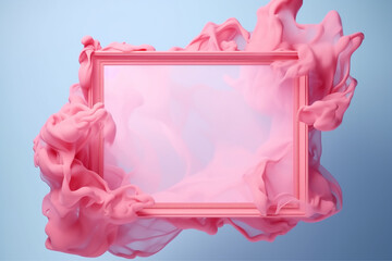 Vintage frame on pastel background with abstract pink cloud and water shapes. Copy space. Generative Ai