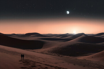 a person walking in the desert, at night