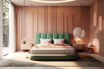 Modern, pale green and pink bedroom. Close up details of contemporary design of bedroom