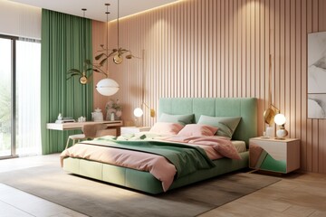 3D render capturing close-up details of luxurious bedroom design with pale green and pink tones