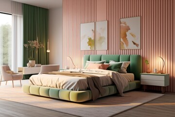 Modern, pale green and pink bedroom. Close up details of contemporary design of bedroom