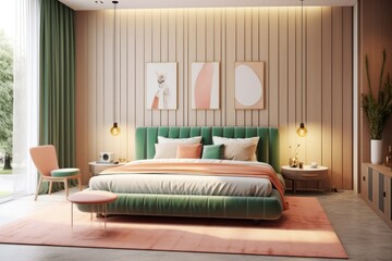 Chic bedroom with modern decor and ambient LED lights. Close up details of 3d render