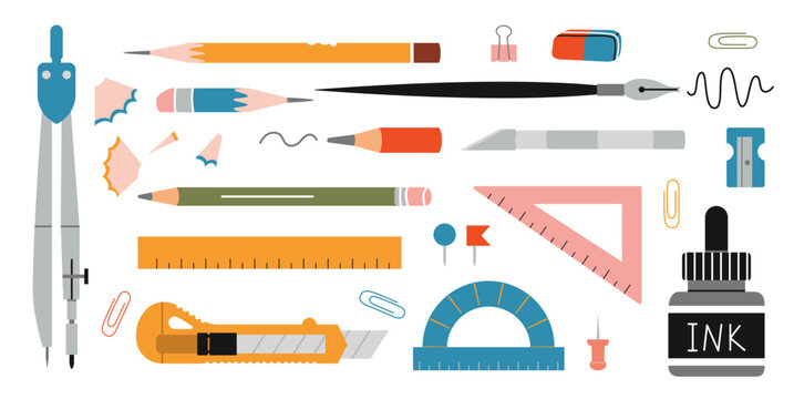 Drawing and graphics tools set, cartoon style. Mechanical drawing supplies like compasses, ruler and pencils. Trendy modern vector illustration isolated on white, hand drawn, flat design