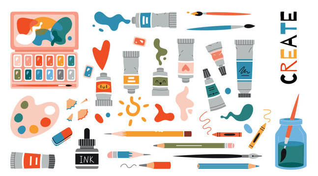 Set with Painting tools elements, cartoon style. Art supplies: paint tubes, brushes, pencil, watercolor, palette. Trendy modern vector illustration isolated on white, hand drawn, flat design