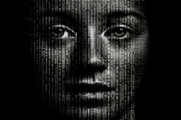 Female face against binary code. Human looking at camera from matrix digital signs and numbers. Artificial intelligence in network. Created with Generative AI