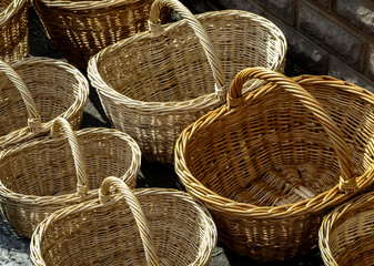Several empty wicker baskets