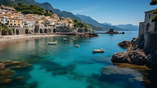 A stunning landscape of a beautiful Mediterranean coastal town with a beach and harbour. The sky and sea are vivid blue and there's mountainous terrain in the background. Generative AI.