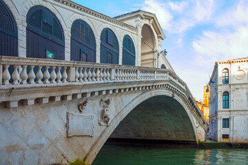 Sunrise view of beautiful Venice. Architecture and landmarks of Venice. Bridge Rialto in background , Italy