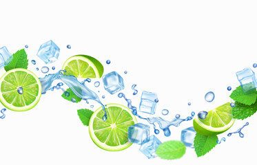 Lime, mint and ice cubes in water splash. Mojito cocktail, lemonade beverage, citrus drink. Lime ice tea. Vector 3d