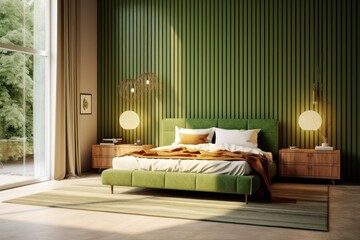Wide view of modern and contemporary bedroom with wood accents and led lights. Details of luxurious bedroom interior design