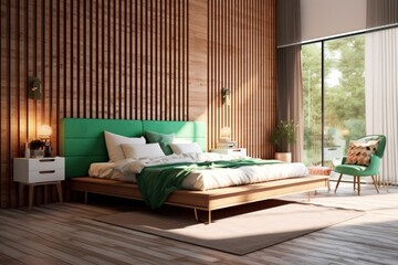 Fototapeta na wymiar Wide view of modern and contemporary bedroom with wood accents and led lights. Details of luxurious bedroom interior design