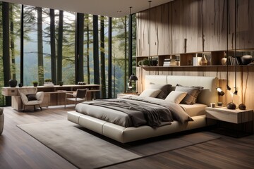 Wide view of modern and contemporary bedroom with wood accents and led lights. Details of luxurious bedroom interior design