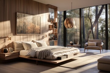 Wide view of modern and contemporary bedroom with wood accents and led lights. Details of luxurious bedroom interior design