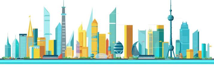 Shanghai city panorama, urban landscape. Business travel and travelling of landmarks. Illustration, web background. Buildings silhouette. China - Generative AI