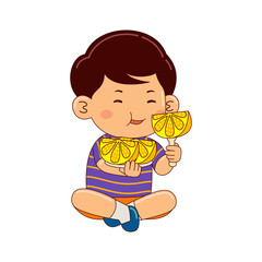 boy kids eating lemon vector illustration