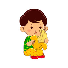 boy kids eating banana vector illustration