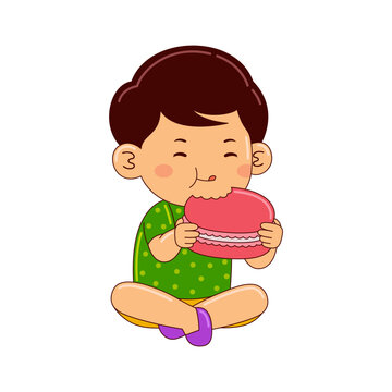 boy kids eating macaroon vector illustration