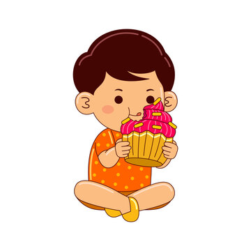 boy kids eating cupcake vector illustration
