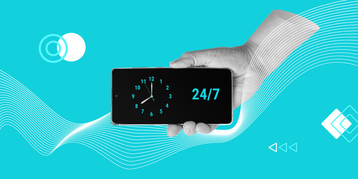 Screen time concept. Constantly in touch. Phone use 24 hours a day, 7 days a week. Hand holding phone with clock in screen. Minimalist art collage