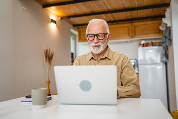 One senior caucasian man work on laptop use computer at home