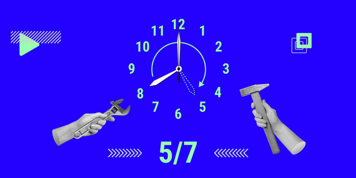 Work week, working 5 days a week, at a certain time. Hands with tools pointing to the symbolic clock with hands. Minimalist art collage