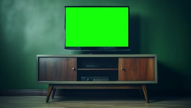 TV with green screen on a wooden table. Generative AI