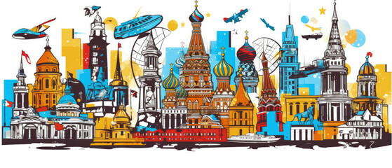 Russia Landmarks Skyline Silhouette Style, Colorful, Cityscape, Travel and Tourist Attraction - Generative AI