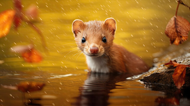 least weasel standing in water, autumn rain. 