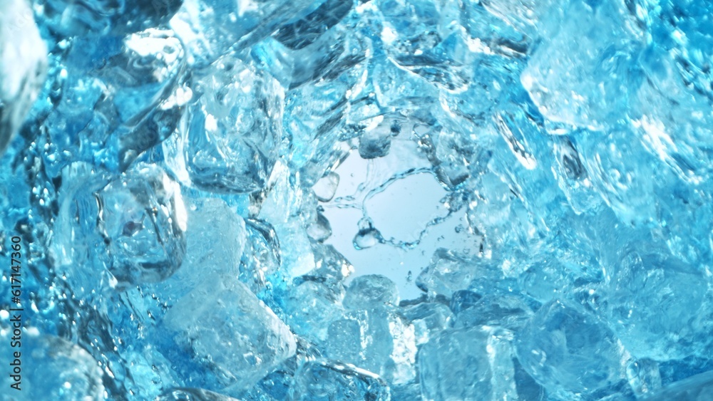 Aufkleber texture of splashing water with ice cubes, tunnel shape.