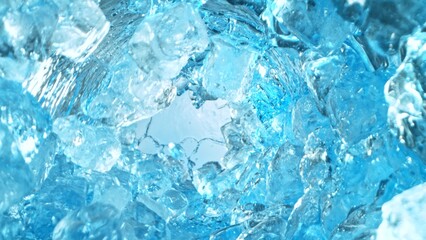 Texture of splashing water with ice cubes, tunnel shape.