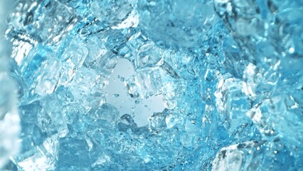 Texture of splashing water with ice cubes, tunnel shape.