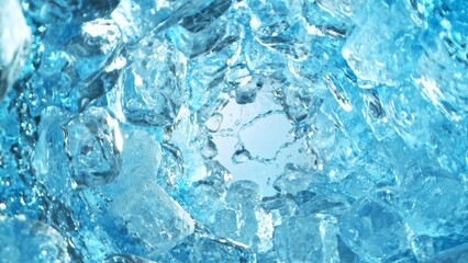 Texture of splashing water with ice cubes, tunnel shape.