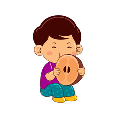 boy kids eating sapodilla vector illustration