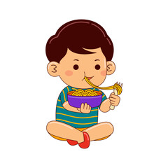 boy kids eating noodle vector illustration
