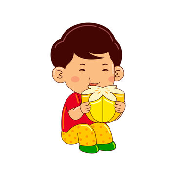 boy kids eating star fruit vector illustration