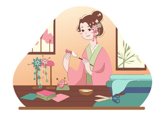 Asian woman making kanzashi. Japanese hair ornaments used in traditional