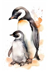 Obraz premium Adorable Love: Watercolor Painting of Mother and Baby Penguin. Generative AI