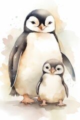  Watercolor Painting of Mother and Baby Penguin. Generative AI