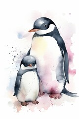 "Adorable Love: Watercolor Painting of Mother and Baby Penguin. Generative AI