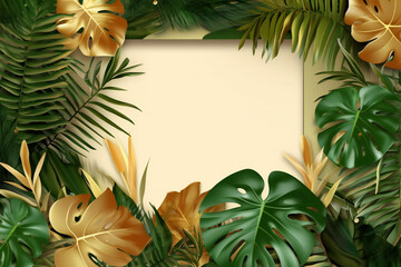 frame with fir branches, monsera gold with copy space, Tropical Foliage Delight: A copyspace frame for your messages,