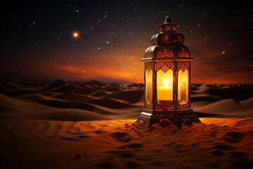 The desert sands cover the Ramadan lantern at night with the bright lighting of the lantern